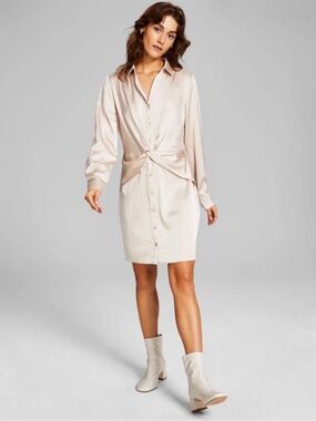Twisted Front Satin Shirt Dress in Champagne